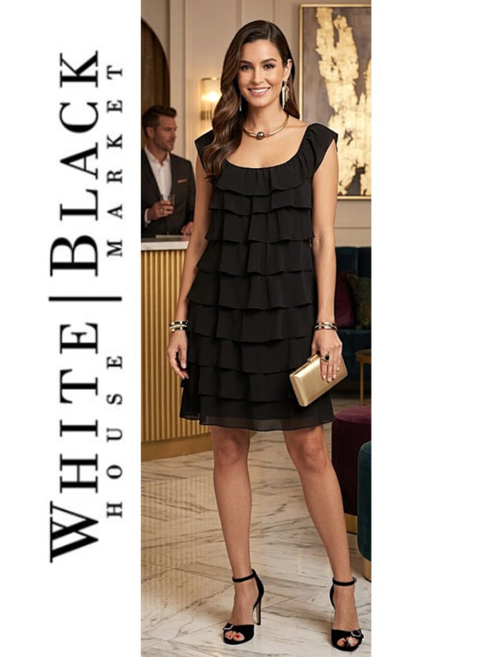 (3 for $30) WHITE HOUSE BLACK MARKET - Black tiered ruffle cocktail dress
